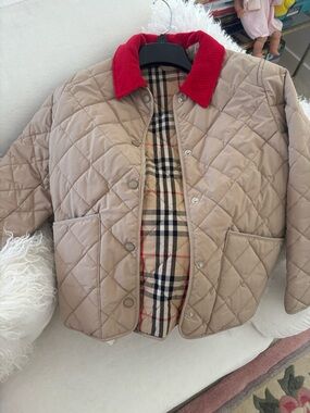 Burberry Tan Quilted Jacket with Red Corduroy Collar